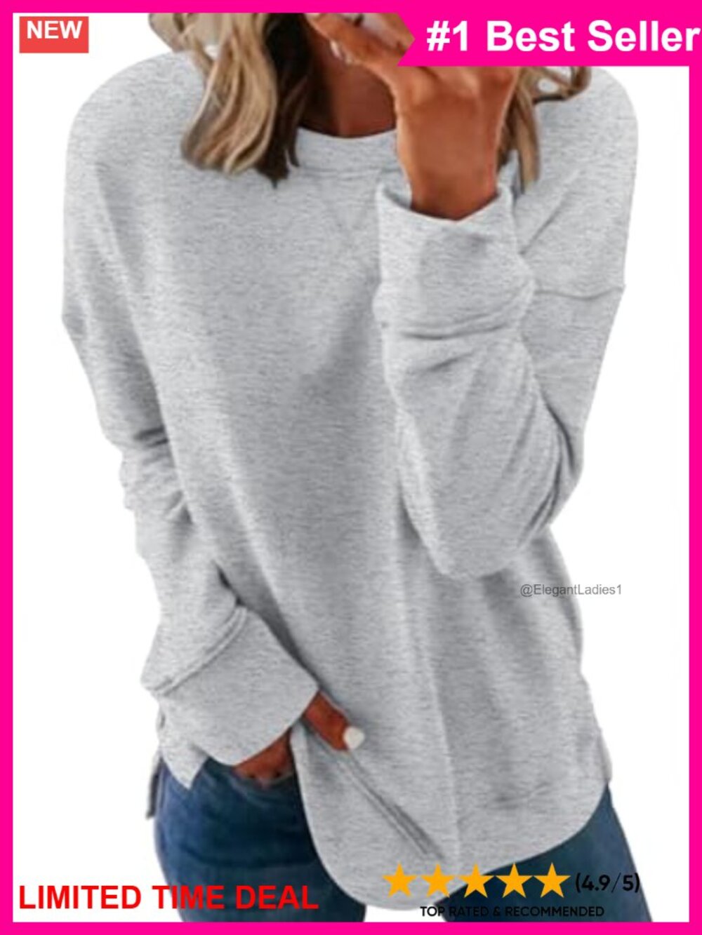 Womens Crewneck Sweatshirt Long Sleeve Side Split Tunic Relaxed Fit Fall